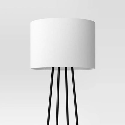 Lampa podłogowa z dwiema półkami i cylindrycznym abażurem