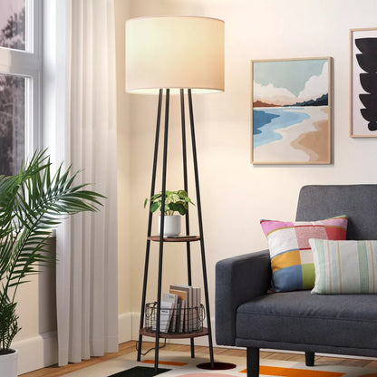 Lampa podłogowa z dwiema półkami i cylindrycznym abażurem