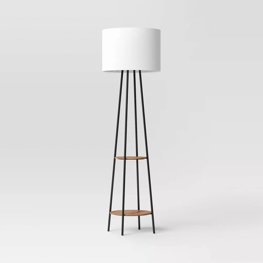 Lampa podłogowa z dwiema półkami i cylindrycznym abażurem